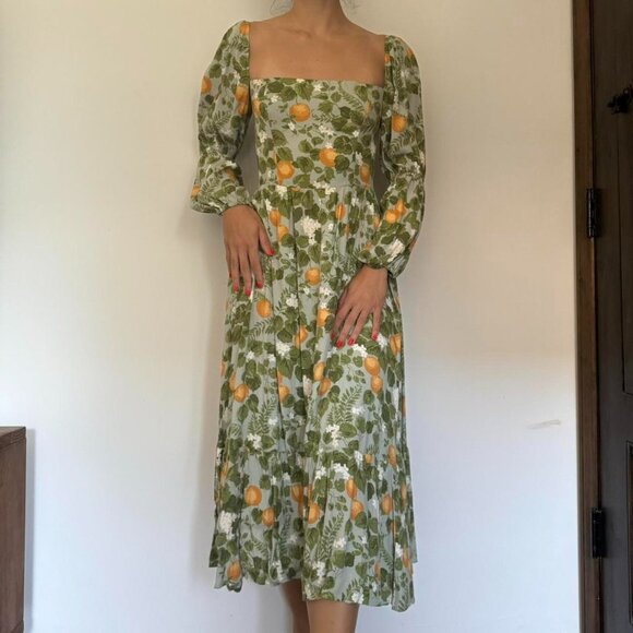 reformation mica dress orange grove Reformation Mica Orange-Print Midi Dress in Green Viscose Cellulose fibre ref.JC1449959 (Sold)